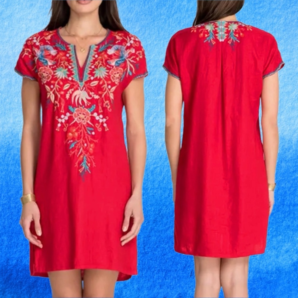 johnny was • ariel easy tunic dress in red linen floral embroidered m